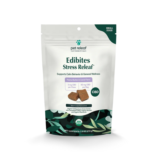 Pet Releaf Dog Supplement CBD Dog Edibites Stress Releaf Peanut Butter & Carob Small 7.5 oz
