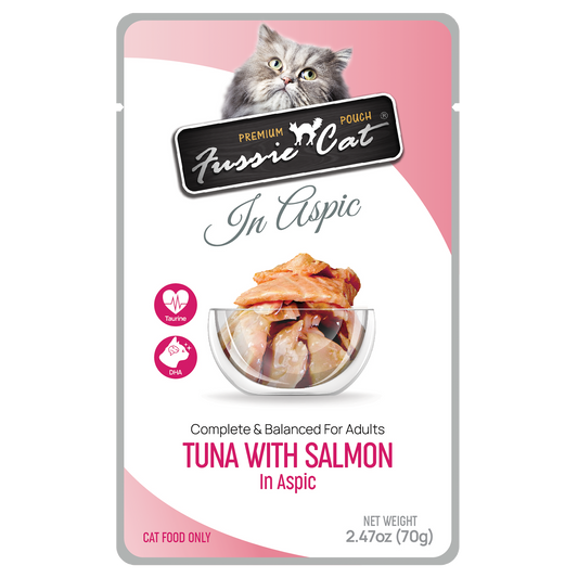Fussie Cat Premium Pouch: Tuna with Salmon in Aspic 2.47oz