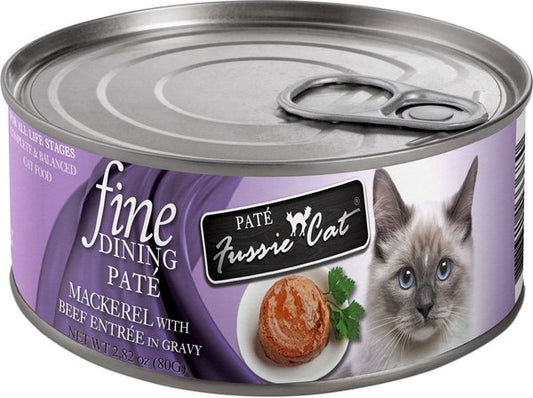 Fussie Cat: Fine Dining Paté Mackerel with Beef Entrée in Gravy 2.82oz Can