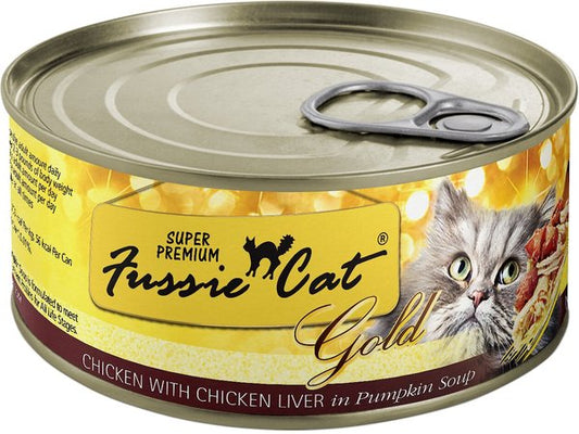 Fussie Cat: Gold Super Premium Chicken with Chicken Liver Formula in Pumpkin Soup 2.28oz Can