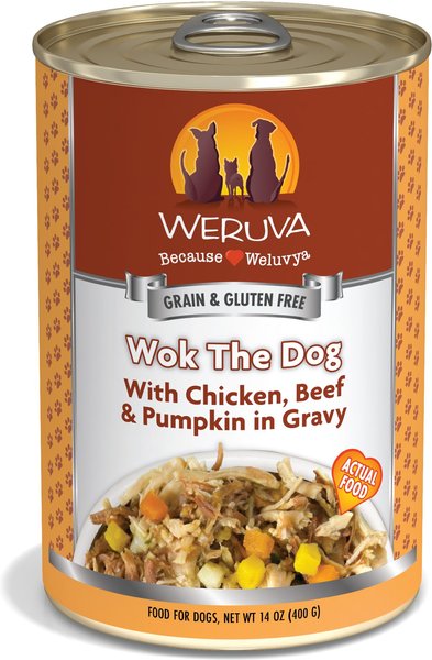 Weruva Wok The Dog With Chicken ,Beef, & Pumpkin in Gravy 14 oz Canned Dog Food